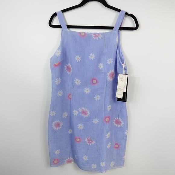 Vintage 90s Dawn Joy New Blue Daisy Floral Print Square Neck Shift Mini Dress - Picture 1 of 10